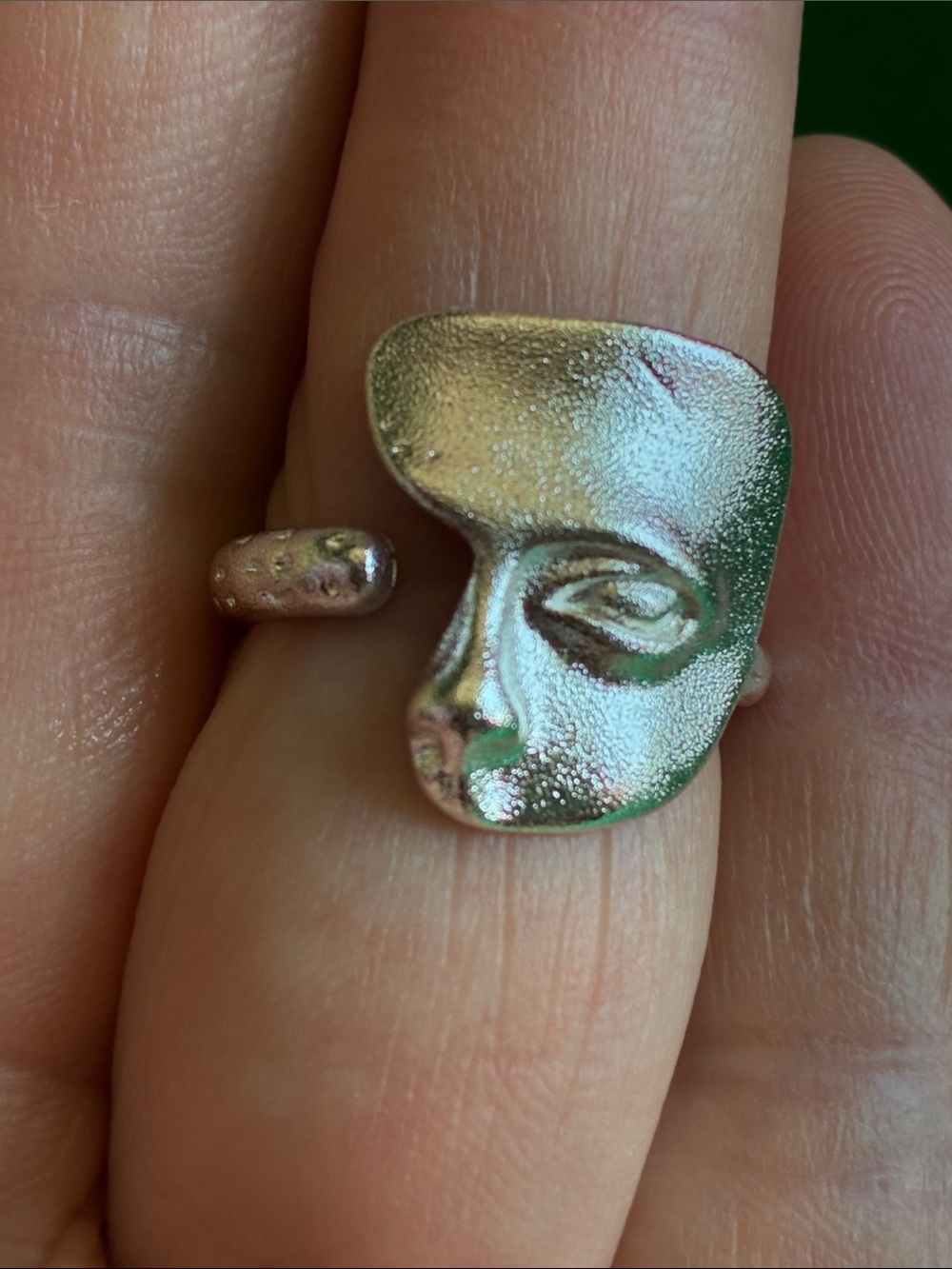 NEW abstract half-face sculpture ring in silvertone adjustable unisex art deco